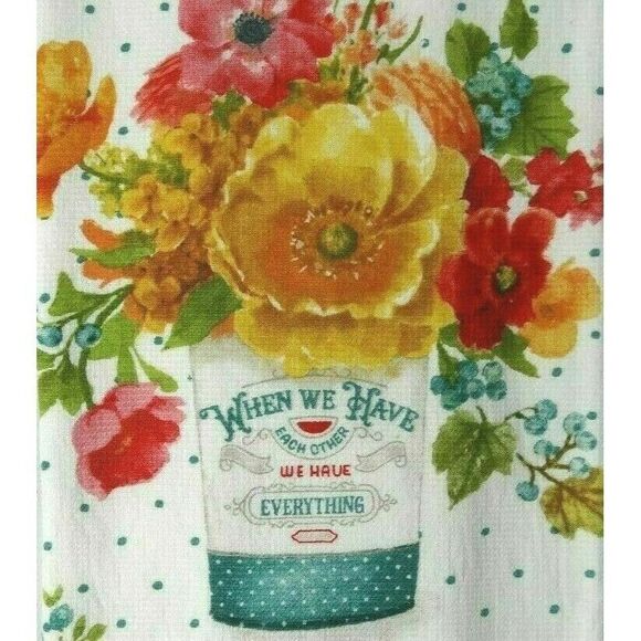 Lisa Audit Kitchen Towel Country Fresh Flowers Vase Green Dots White Gift NEW - Picture 2 of 2